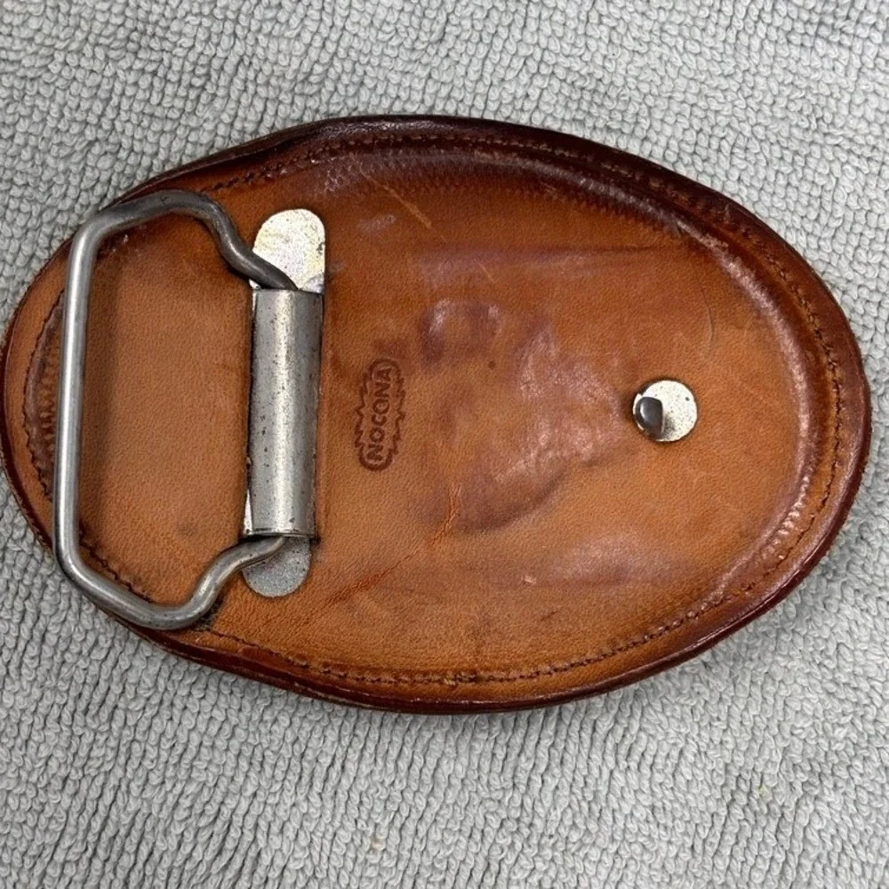 Vtg Nocona Western Leather Belt Buckle Exotic Skin Inlay Zigzag Stitch Brown‎